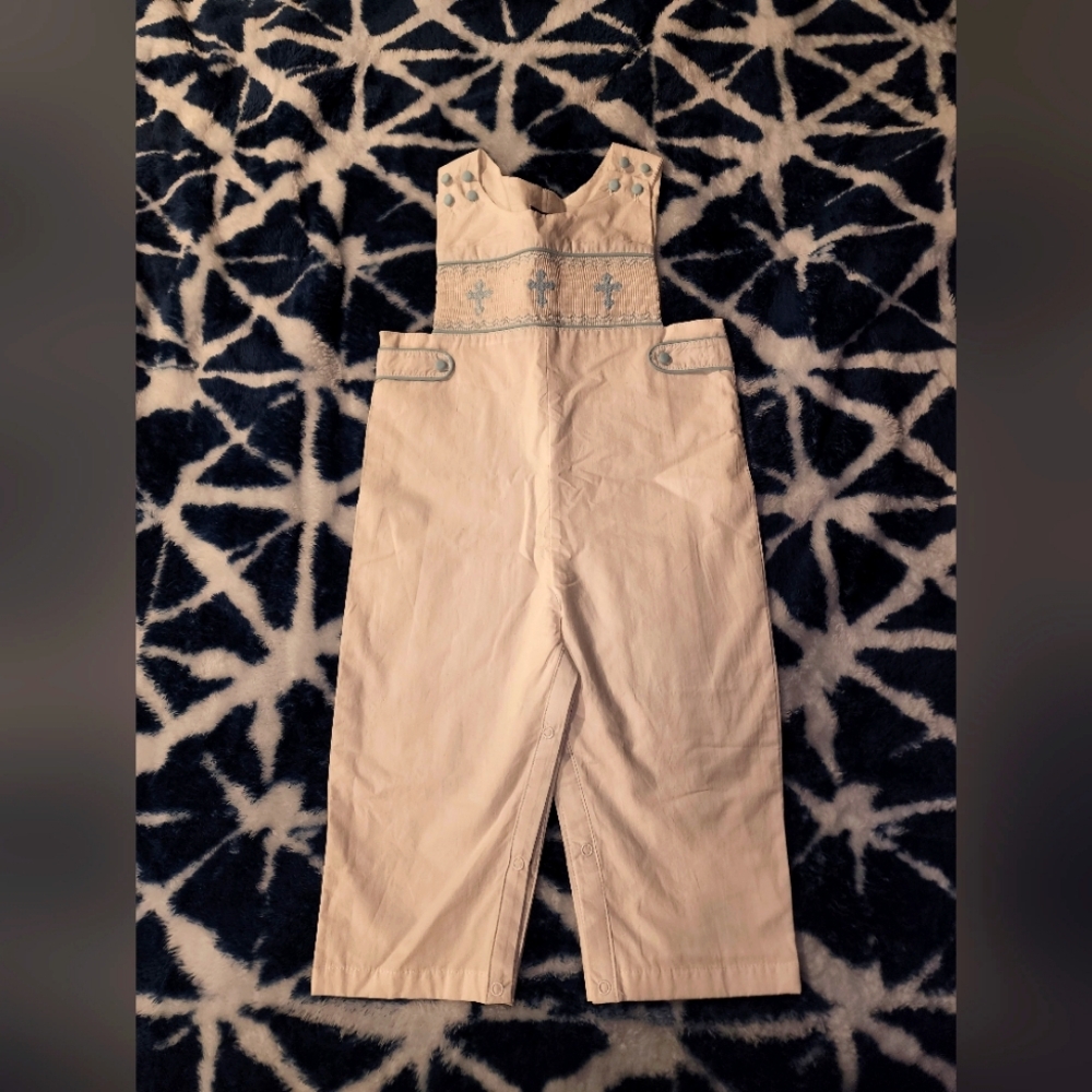 NEW Lil Cactus White BLUE CROSSES Smocked Romper Longall Size 2T BOYS overalls
